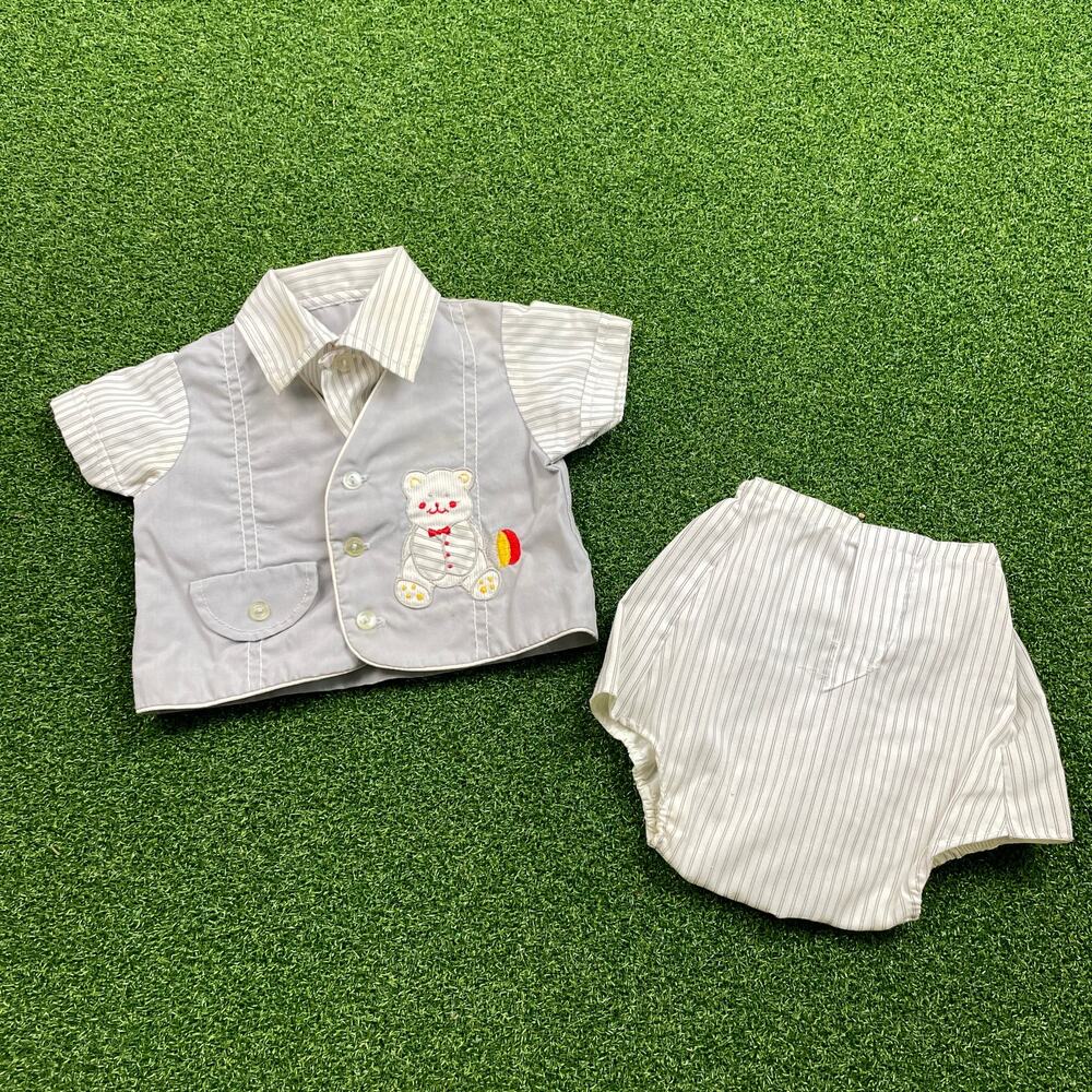 Vintage 1970s Mid Century Baby Boy Teddy Bear Design Outfit Sz 0-6 Mo